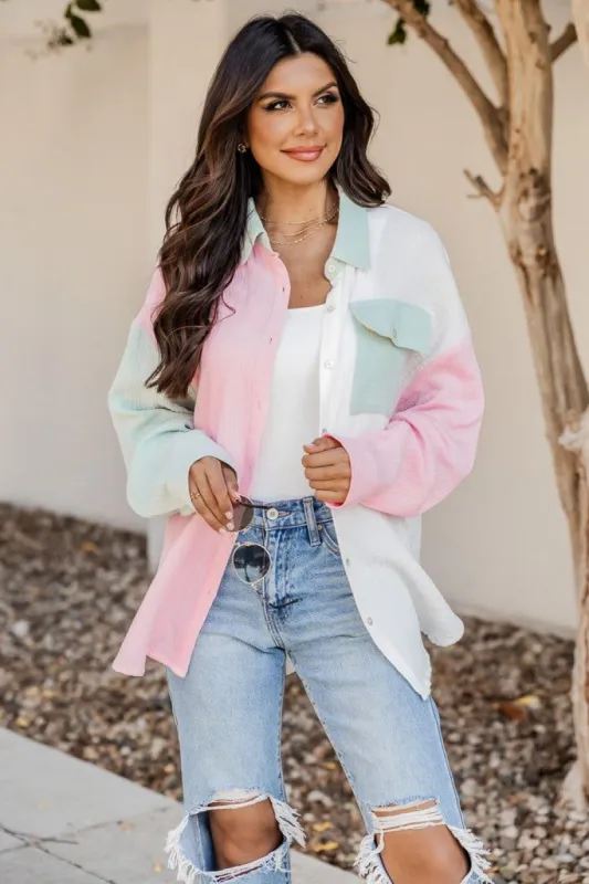 Just So You Know Sage And Pink Colorblock Button Up Gauze Blouse sold by Pink Lily