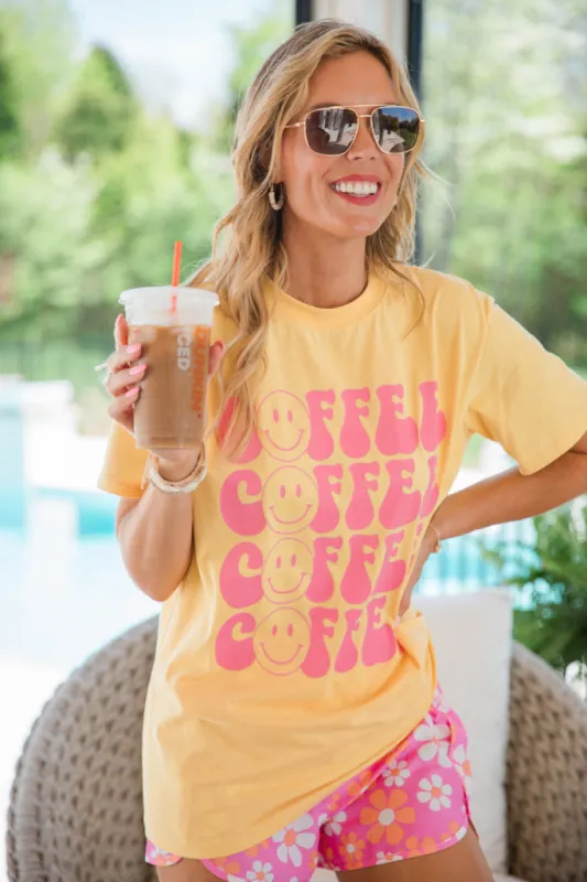 Coffee Repeat Smiley Yellow Oversized Graphic Tee Tori X Pink Lily sold by Pink Lily