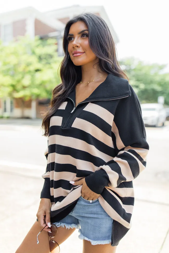 Pulling Heartstrings Black And Tan Striped Quarter Zip Pullover FINAL SALE sold by Pink Lily product image thumbnail 4