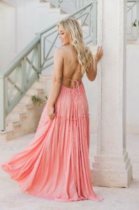 Daybreak Skyline Coral Halter Maxi Dress sold by Pink Lily