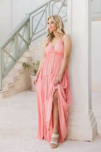 Daybreak Skyline Coral Halter Maxi Dress sold by Pink Lily