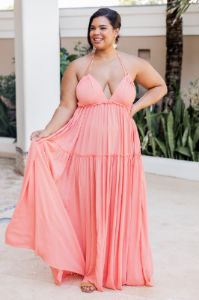 Daybreak Skyline Coral Halter Maxi Dress sold by Pink Lily