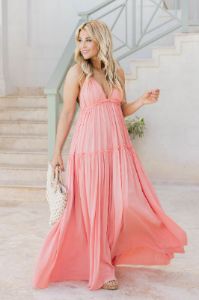 Daybreak Skyline Coral Halter Maxi Dress sold by Pink Lily