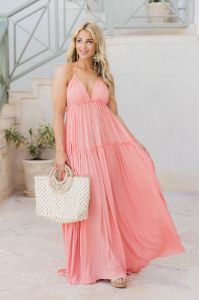 Daybreak Skyline Coral Halter Maxi Dress sold by Pink Lily