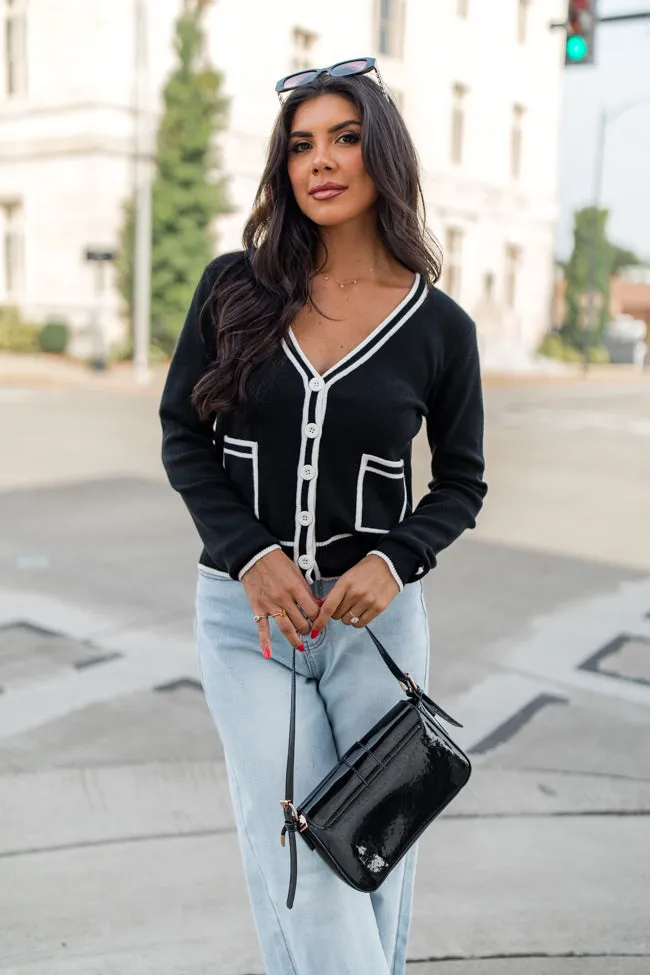 Gives Me Time Black and Ivory Contrast Trim Cardigan FINAL SALE sold by Pink Lily