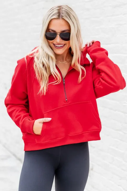 Making It Look Easy Red Ribbed Shoulder Quarter Zip Pullover sold by Pink Lily