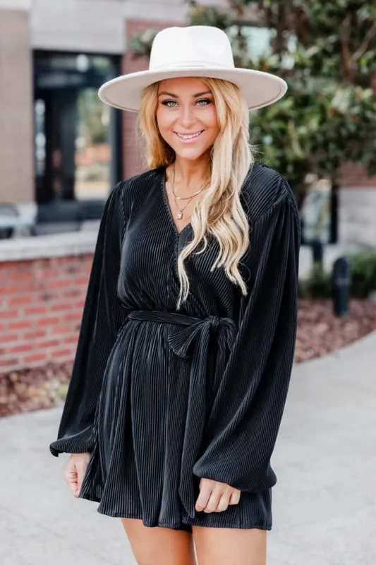 Make You Wanna Stay Black Plisse Belted Romper sold by Pink Lily