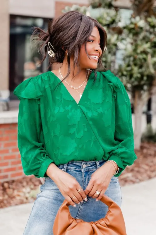 Nothing Has Changed Green Ruffle Shoulder Floral Textured Bodysuit sold by Pink Lily