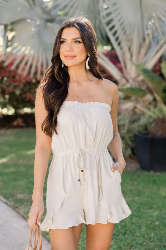 Never A Compromise Beige Strapless Linen Romper FINAL SALE sold by Pink Lily