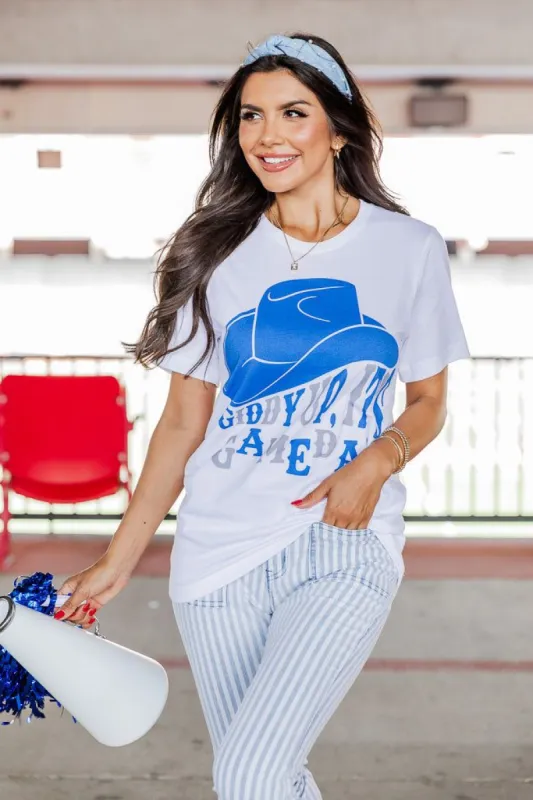 Giddy up its Gameday Blue White Graphic Tee sold by Pink Lily