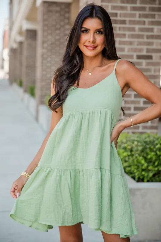 Lead The Way Green Tiered Woven Mini Dress sold by Pink Lily