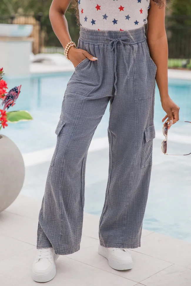 Here We Go Again Navy Acid Wash Gauze Cargo Pants FINAL SALE sold by Pink Lily