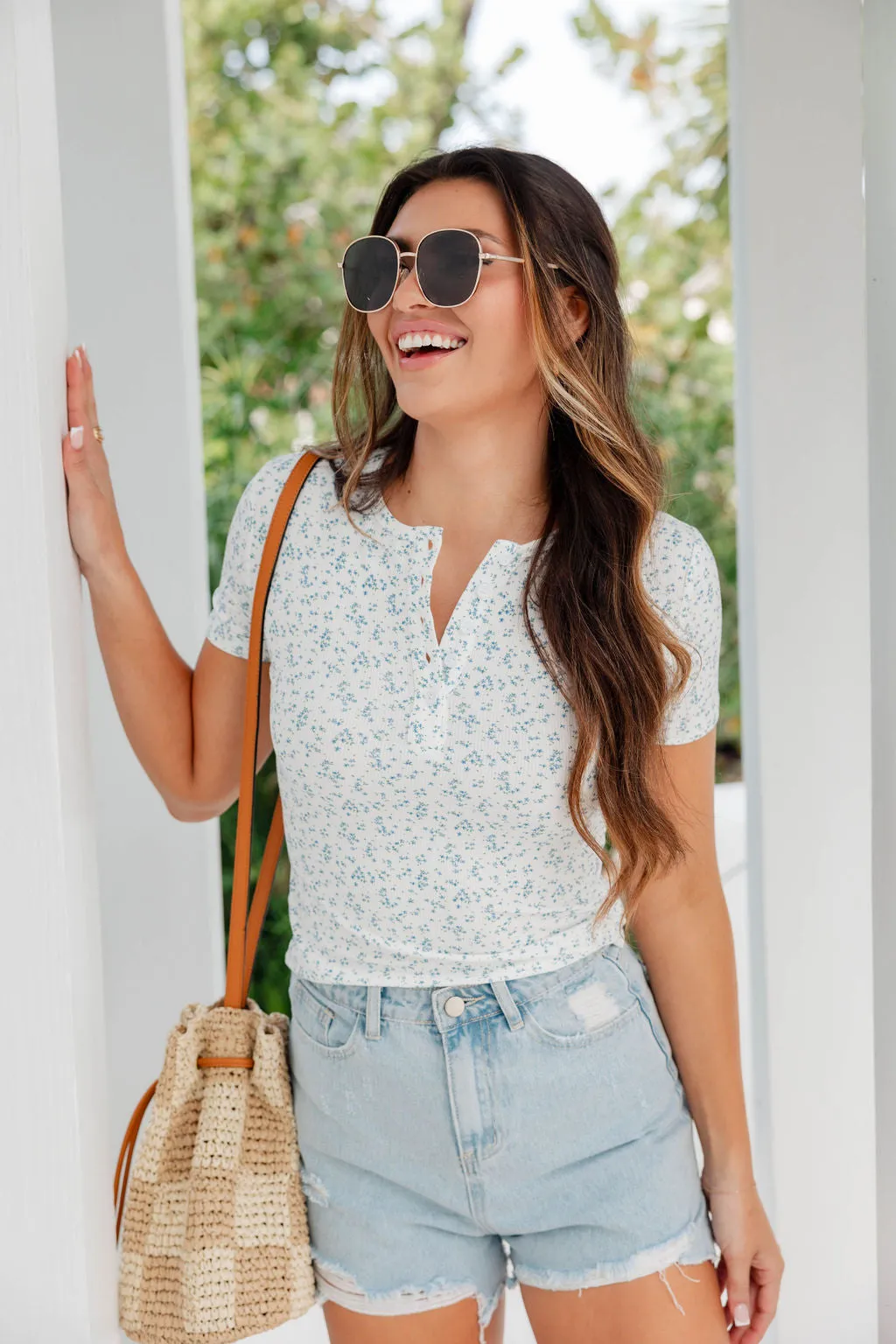 All The Better Floral Ribbed Knit Henley Short Sleeve Tee FINAL SALE sold by Pink Lily