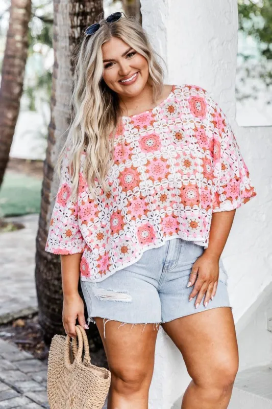 Including You Multi Colored Crochet Short Sleeve Sweater FINAL SALE made by Pink Lily