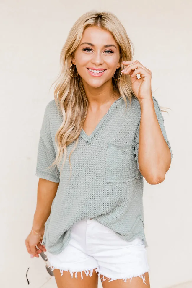 Better This Way Sage Waffle Notched Neck Blouse sold by Pink Lily