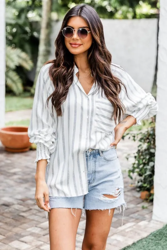 Living In A Dream Smocked Cuff Stripe Button Front Blouse FINAL SALE sold by Pink Lily