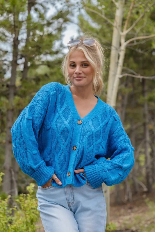 Moments That Matter Blue Cable Knit Cardigan sold by Pink Lily