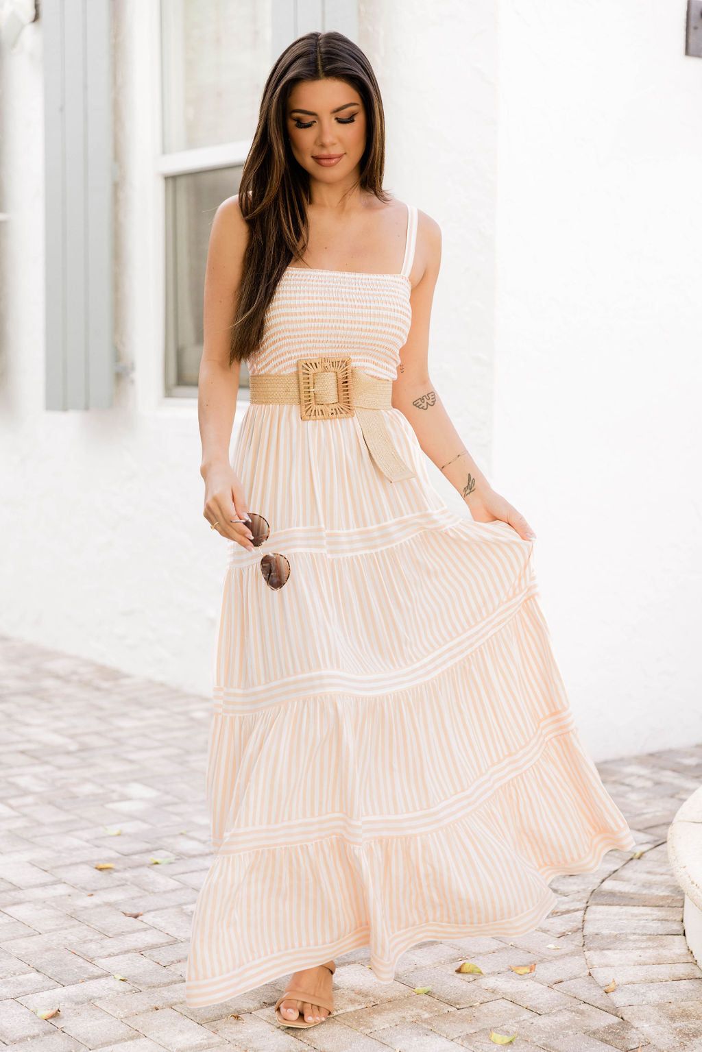 Break It Down Coral Striped Tiered Maxi Dress FINAL SALE sold by Pink Lily