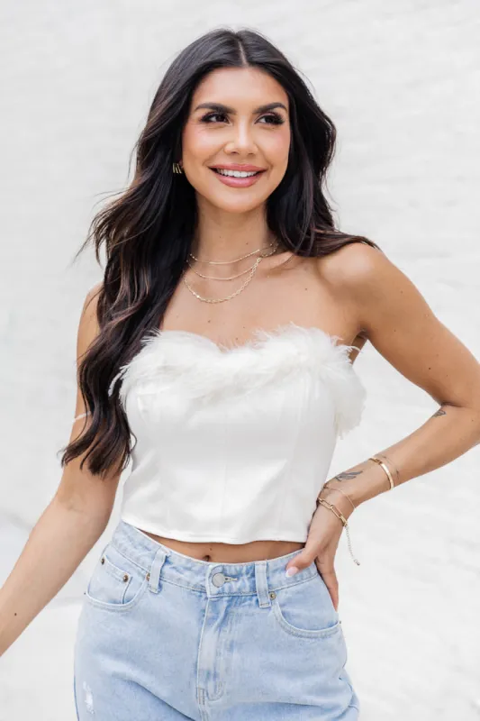 Happy Days Cream Feather Trim Strapless Corset Top FINAL SALE sold by Pink Lily