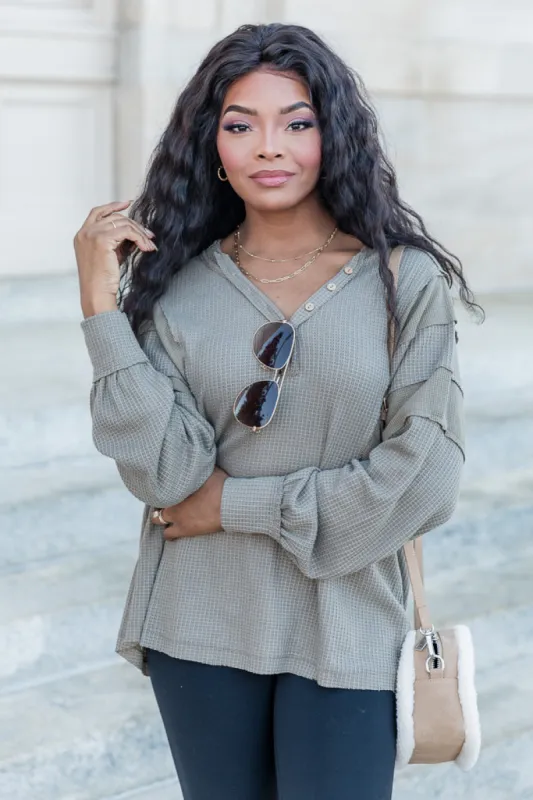 Can't Lose Olive Waffle Henley Top FINAL SALE sold by Pink Lily