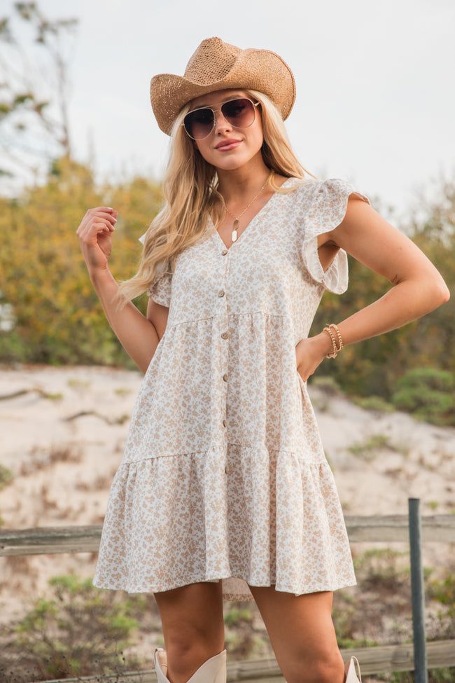 Coast Is Calling Taupe and White Printed Knit Dress sold by Pink Lily