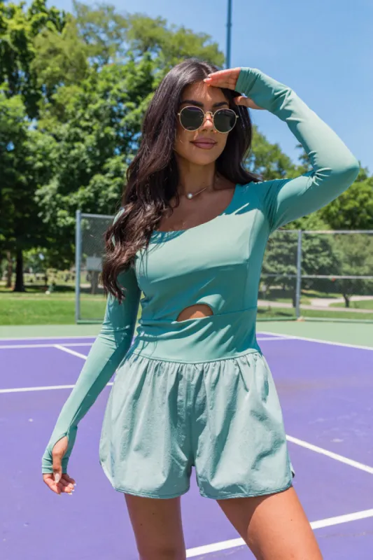 You're Thriving Sage Active Long Sleeve Keyhole Romper FINAL SALE sold by Pink Lily