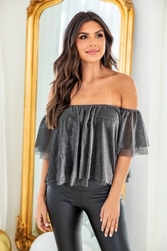 I See Sparks Fly Black Shimmer Off The Shoulder Blouse FINAL SALE sold by Pink Lily