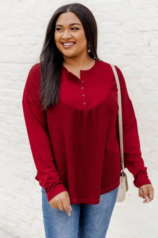 Take The Leap Cranberry Henley Waffle Knit Blouse FINAL SALE sold by Pink Lily