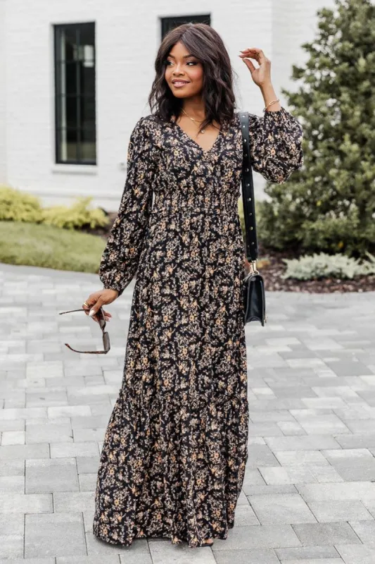 Gather Your Thoughts Black Floral Long Sleeve Maxi Dress FINAL SALE sold by Pink Lily