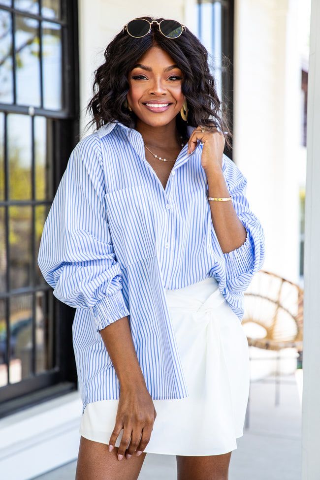 Wind In The Sails Blue Striped Button Front Blouse sold by Pink Lily