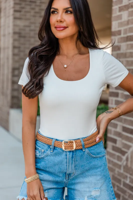 Not Your Average Ivory Scoop Neck Ribbed Bodysuit SALE sold by Pink Lily