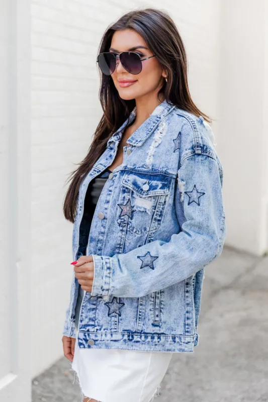 A Special Feeling Medium Wash Star Patch Denim Jacket FINAL SALE sold by Pink Lily