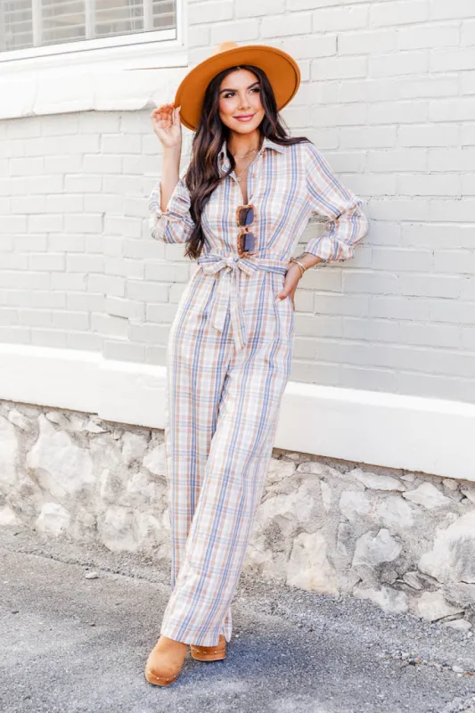 I'm Telling You Beige Plaid Long Sleeve Belted Jumpsuit FINAL SALE sold by Pink Lily