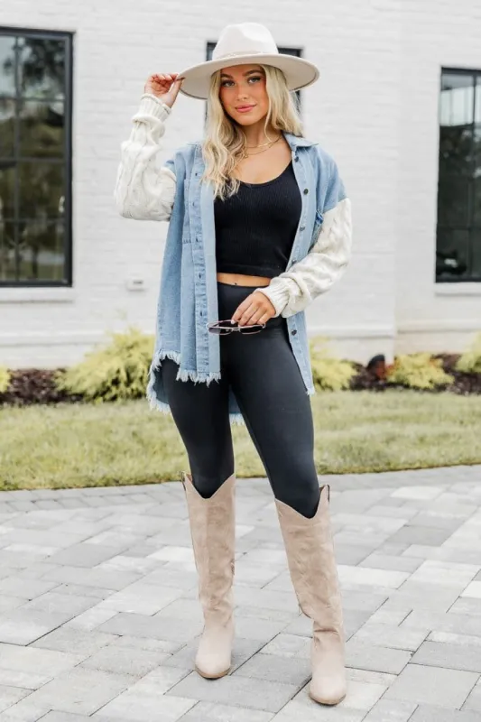Never Stop Dreaming Medium Wash Cable Knit Sleeve Chambray Shacket made by Pink Lily