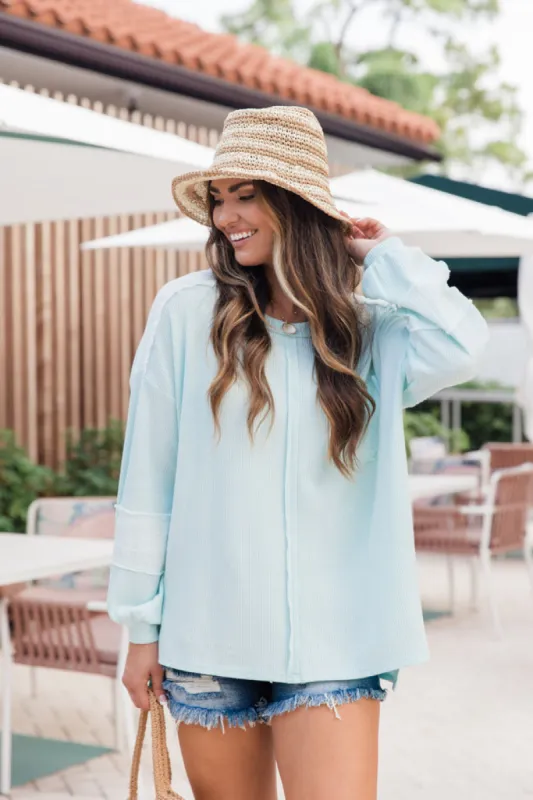 Never Leaving Blue Waffle Top With Gauze Trim FINAL SALE sold by Pink Lily