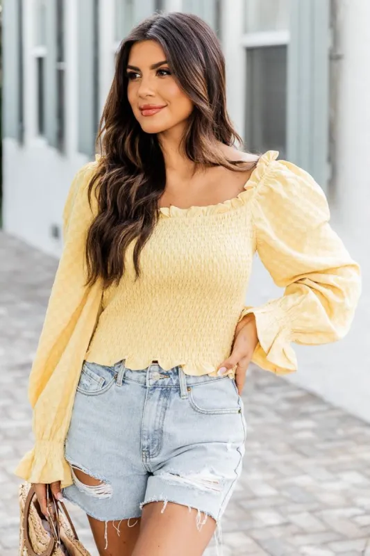 Trying Not To Call Smocked Yellow Blouse sold by Pink Lily