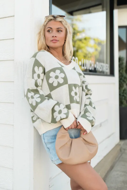 Found A New Way Olive V-Neck Checkered Flower Sweater SALE sold by Pink Lily
