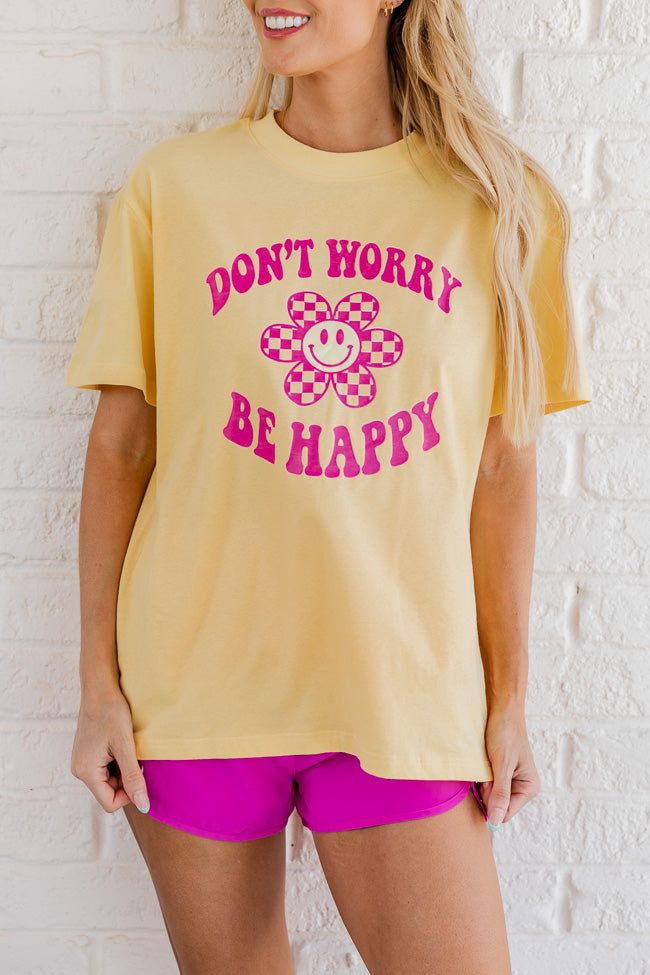 Don't Worry Be Happy Yellow Oversized Graphic Tee sold by Pink Lily