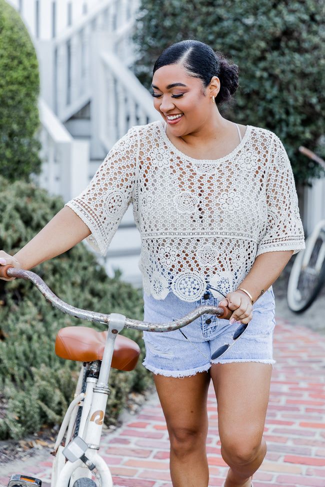 Show Me Around Taupe Short Sleeve Crochet Sweater sold by Pink Lily product image thumbnail 6