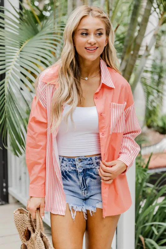 Get It Right Coral Striped Button Front Color Block Blouse FINAL SALE sold by Pink Lily