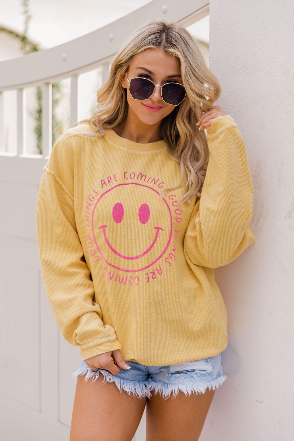 Good Things Are Coming Smiley Gold Graphic Sweatshirt FINAL SALE sold by Pink Lily