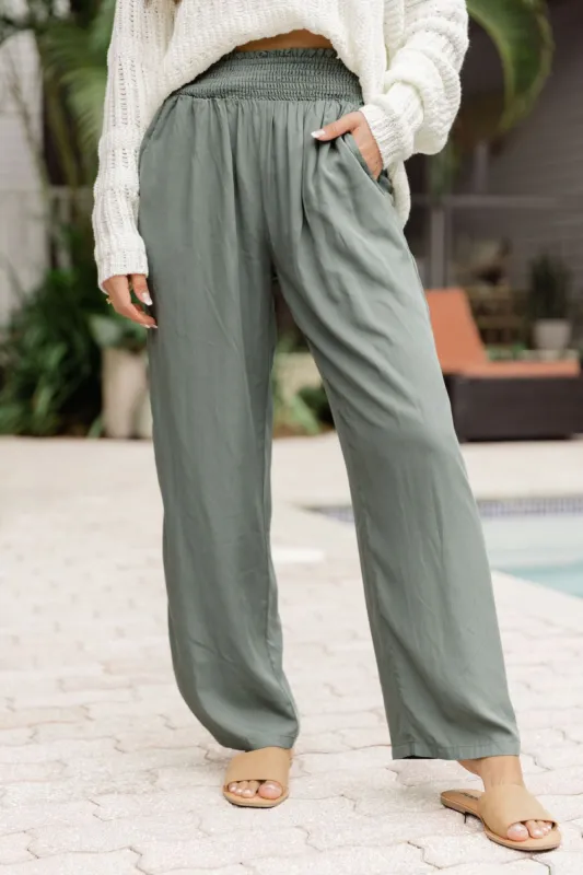 Far And Wide Smocked Waist Sage Green Pants sold by Pink Lily