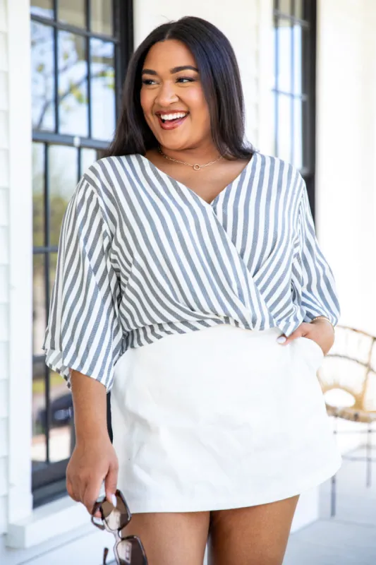 Unwritten Rules Black Striped Cropped Surplice Blouse FINAL SALE sold by Pink Lily
