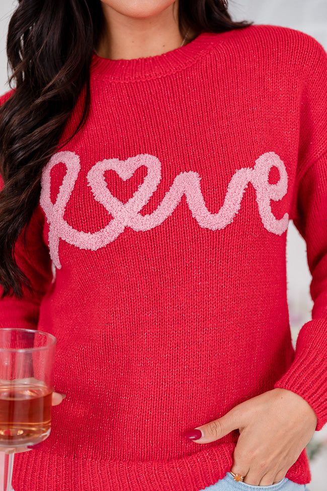 Running On Love Script Red Embroidered Sweater FINAL SALE sold by Pink Lily