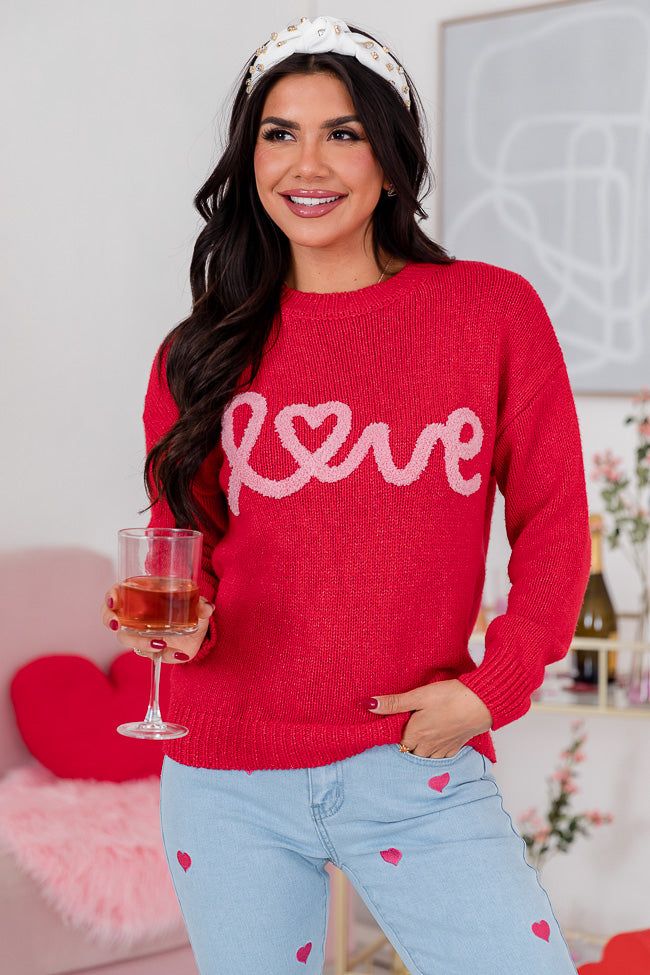 Running On Love Script Red Embroidered Sweater FINAL SALE sold by Pink Lily product image thumbnail 4