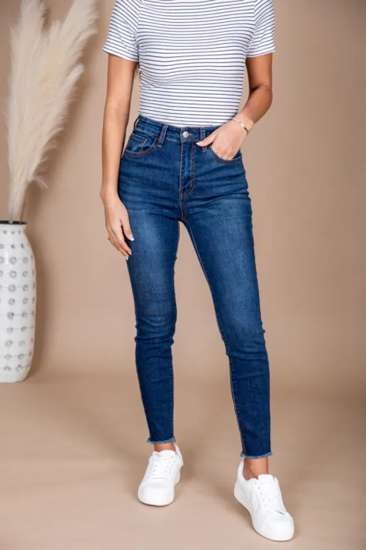 Mary Frayed Edge Dark Wash Skinny Jeans FINAL SALE sold by Pink Lily