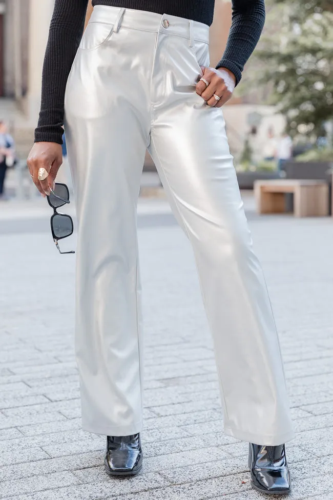 Share Your Thoughts Silver Metallic Straight Leg Pants FINAL SALE sold by Pink Lily