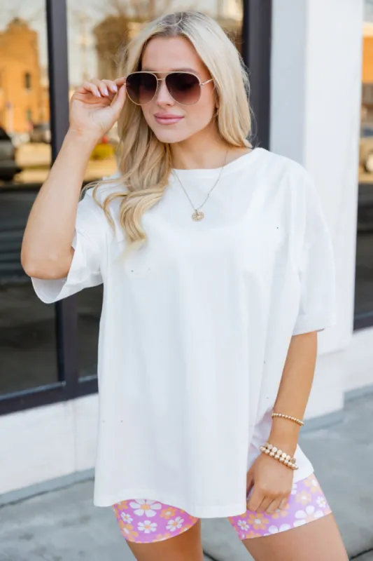 Busy Babe Oversized Ivory Distressed T-Shirt FINAL SALE sold by Pink Lily