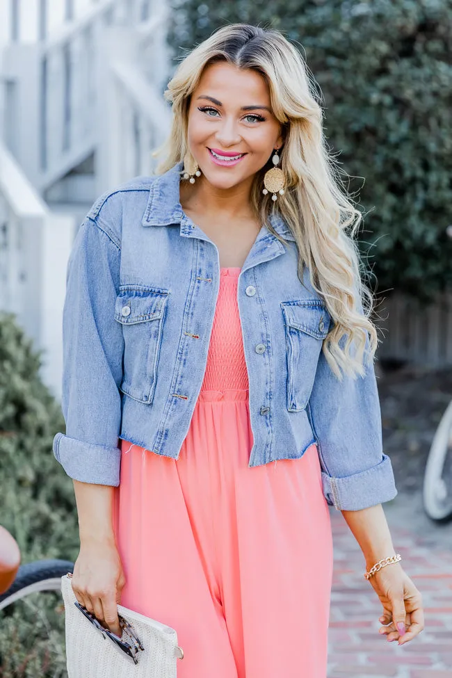 Good Spirits Light Blue Raw Hem Cropped Denim Jacket FINAL SALE sold by Pink Lily