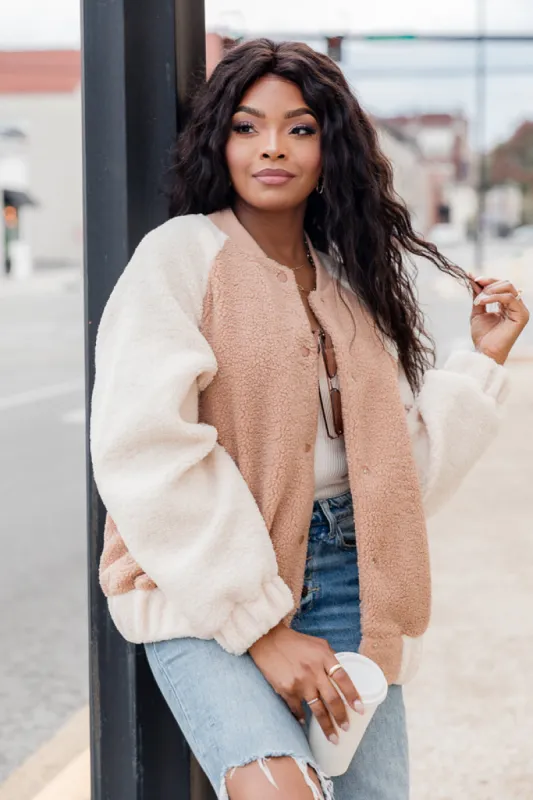 Say It Again Cream Sherpa Bomber Varsity Jacket FINAL SALE sold by Pink Lily
